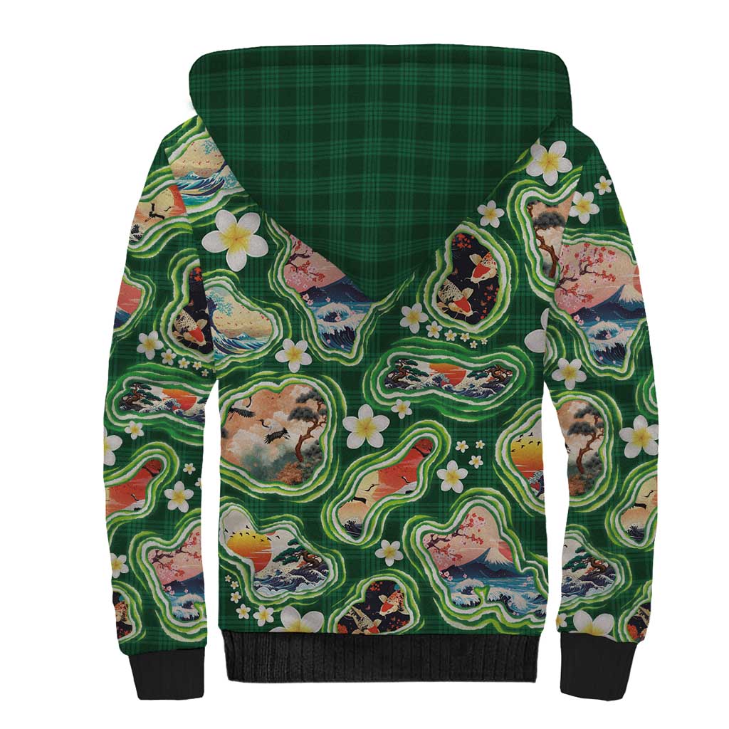Hawaiian and Japanese Culture Together Sherpa Hoodie Hawaiian Island Shapes with Japanese Landscape Green Color LT03 - Polynesian Pride
