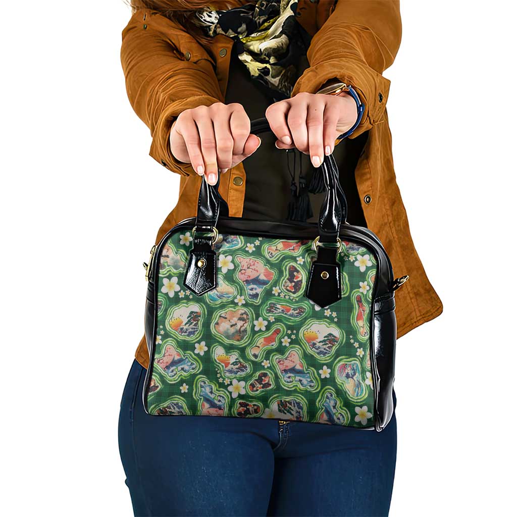 Hawaiian and Japanese Culture Together Shoulder Handbag Hawaiian Island Shapes with Japanese Landscape Green Color
