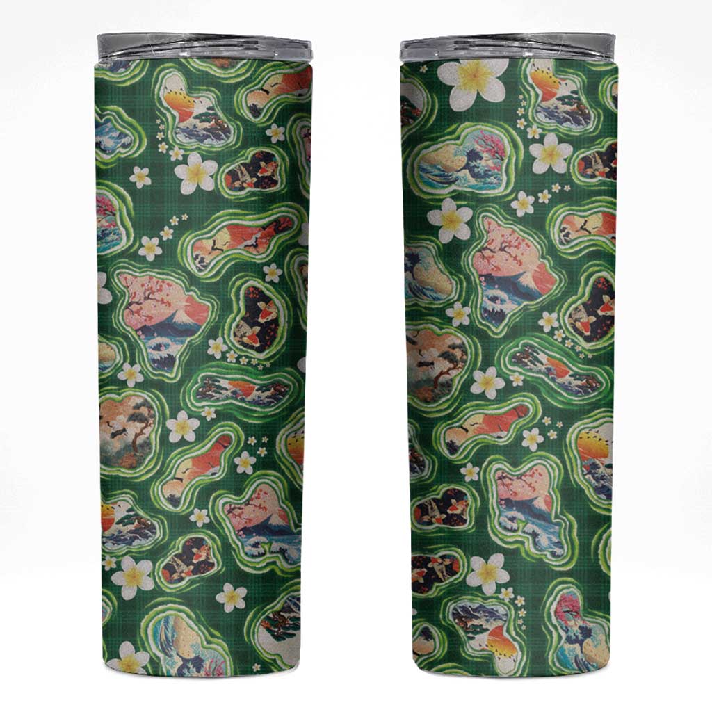 Hawaiian and Japanese Culture Together Skinny Tumbler Hawaiian Island Shapes with Japanese Landscape Green Color LT03 Green - Polynesian Pride