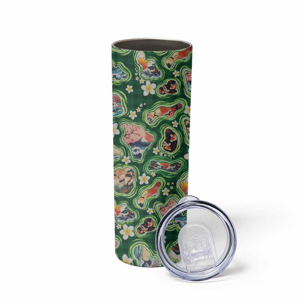 Hawaiian and Japanese Culture Together Skinny Tumbler Hawaiian Island Shapes with Japanese Landscape Green Color LT03 - Polynesian Pride
