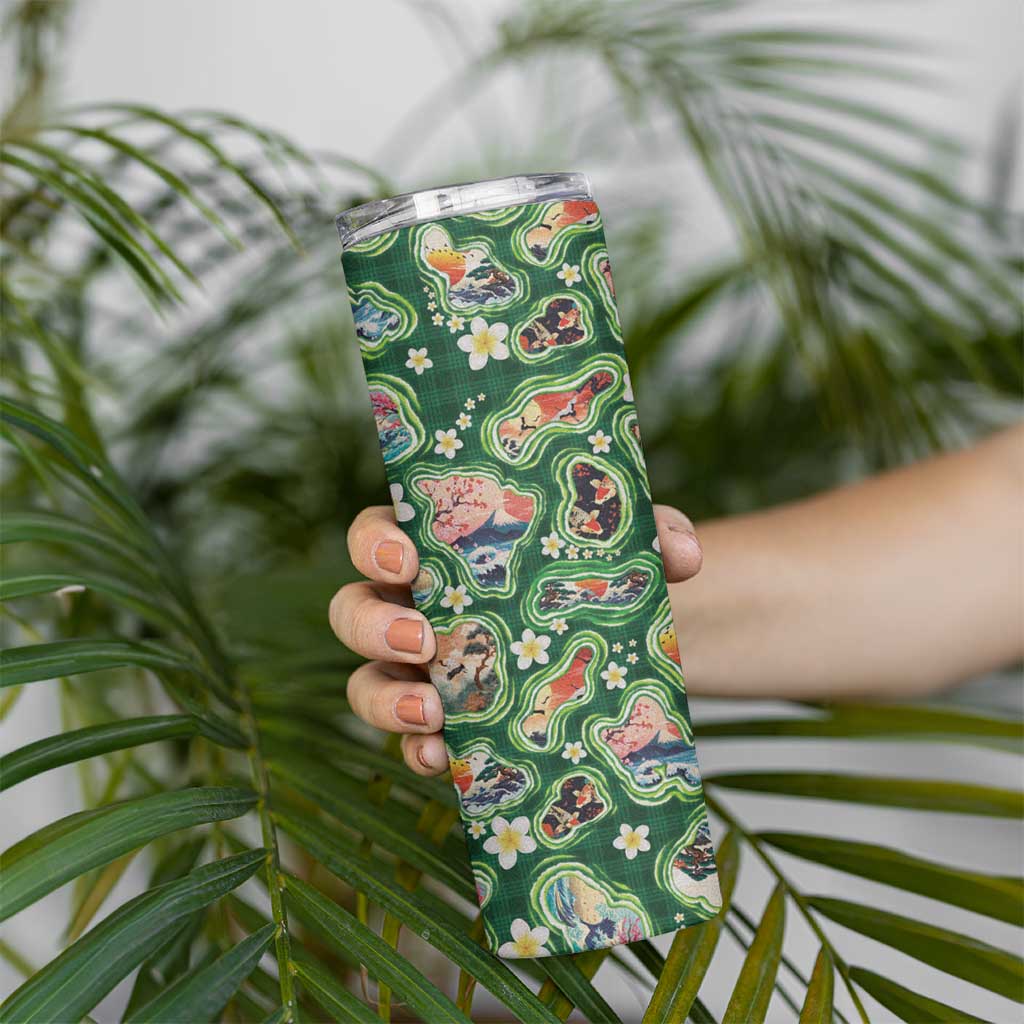 Hawaiian and Japanese Culture Together Skinny Tumbler Hawaiian Island Shapes with Japanese Landscape Green Color LT03 - Polynesian Pride