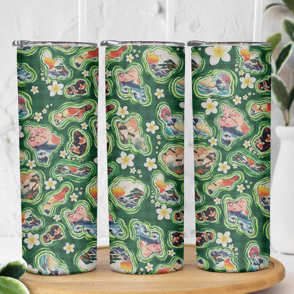 Hawaiian and Japanese Culture Together Skinny Tumbler Hawaiian Island Shapes with Japanese Landscape Green Color LT03 - Polynesian Pride