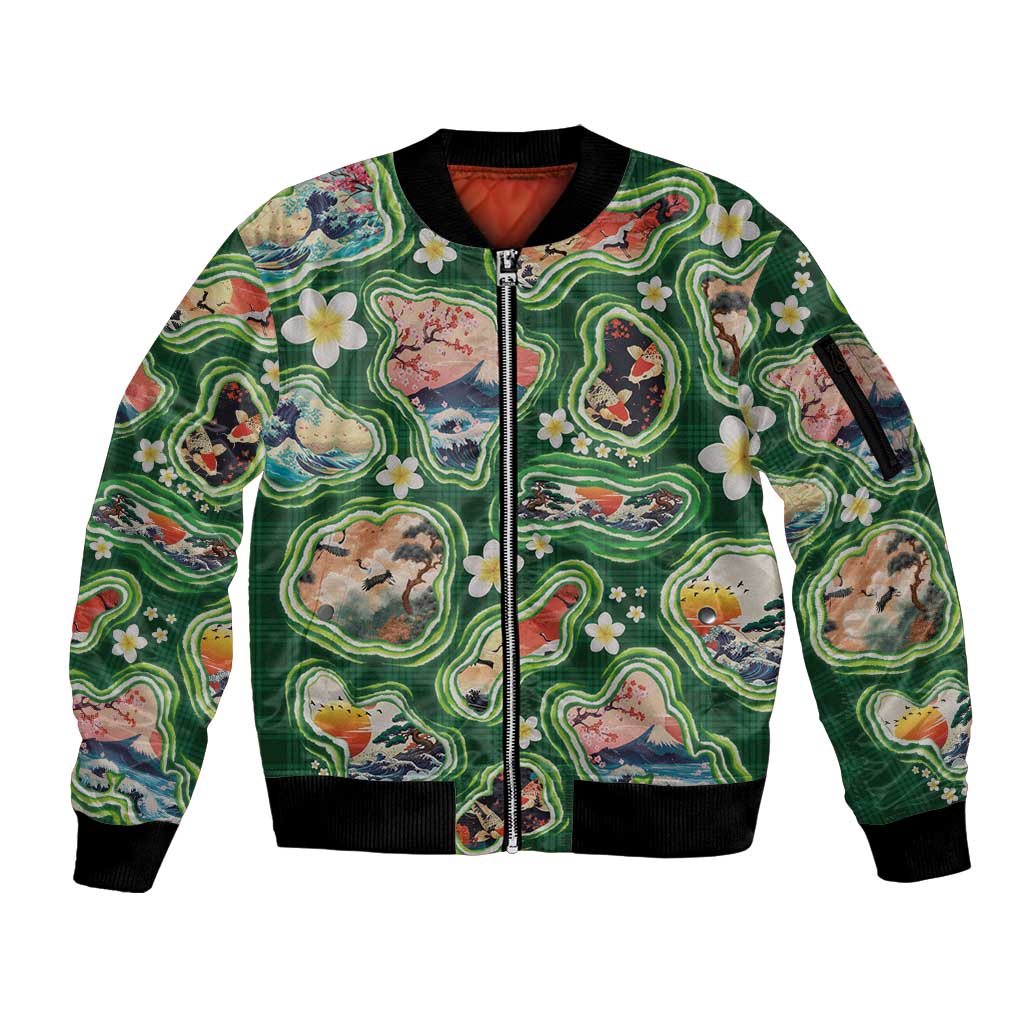 Hawaiian and Japanese Culture Together Sleeve Zip Bomber Jacket Hawaiian Island Shapes with Japanese Landscape Green Color