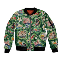 Hawaiian and Japanese Culture Together Sleeve Zip Bomber Jacket Hawaiian Island Shapes with Japanese Landscape Green Color