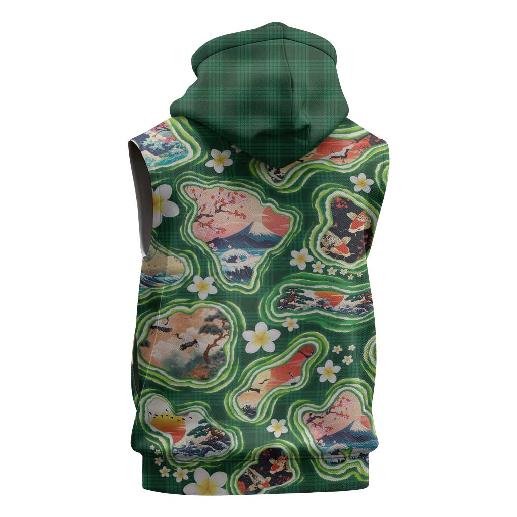 Hawaiian and Japanese Culture Together Sleeveless Hoodie Hawaiian Island Shapes with Japanese Landscape Green Color LT03 - Polynesian Pride