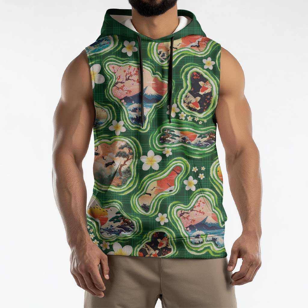 Hawaiian and Japanese Culture Together Sleeveless Hoodie Hawaiian Island Shapes with Japanese Landscape Green Color LT03 - Polynesian Pride