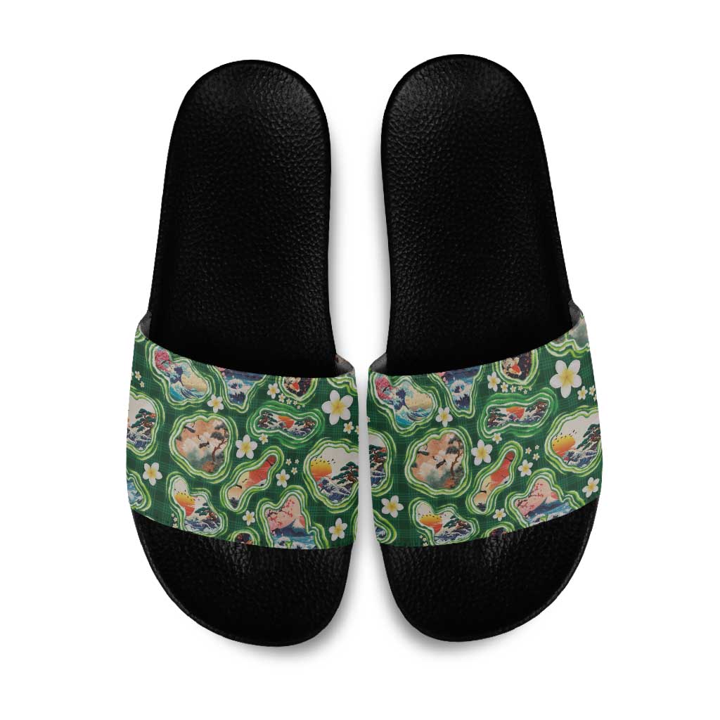 Hawaiian and Japanese Culture Together Slide Sandals Hawaiian Island Shapes with Japanese Landscape Green Color