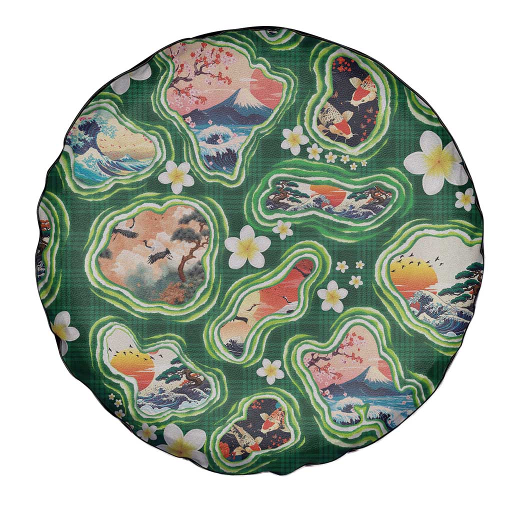Hawaiian and Japanese Culture Together Spare Tire Cover Hawaiian Island Shapes with Japanese Landscape Green Color