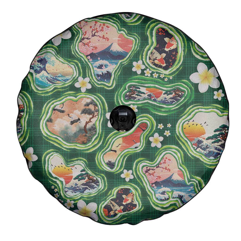 Hawaiian and Japanese Culture Together Spare Tire Cover Hawaiian Island Shapes with Japanese Landscape Green Color