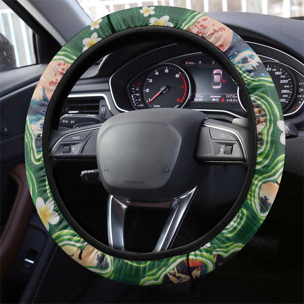 Hawaiian and Japanese Culture Together Steering Wheel Cover Hawaiian Island Shapes with Japanese Landscape Green Color
