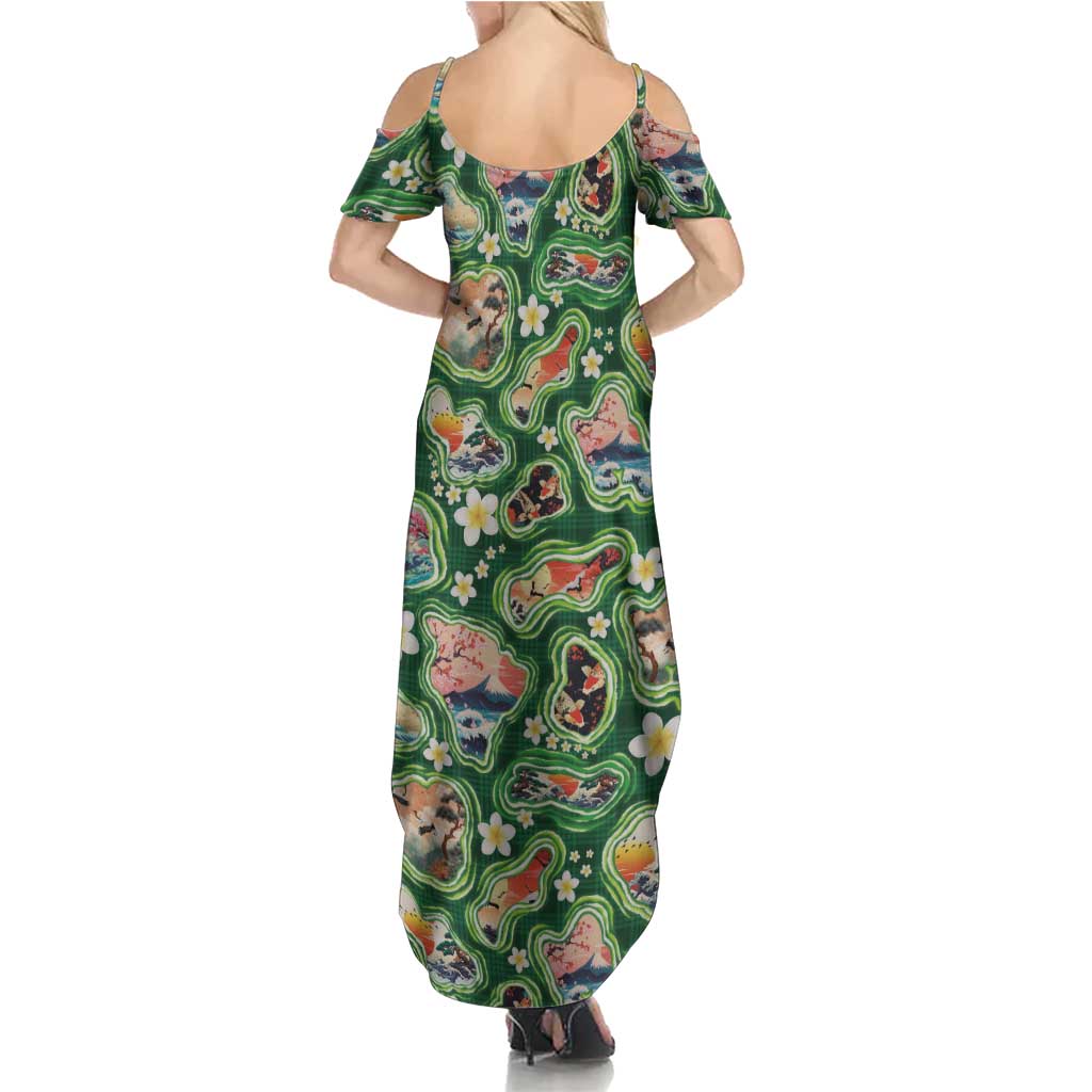 Hawaiian and Japanese Culture Together Summer Maxi Dress Hawaiian Island Shapes with Japanese Landscape Green Color