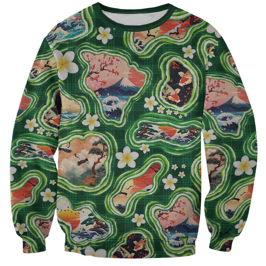 Hawaiian and Japanese Culture Together Sweatshirt Hawaiian Island Shapes with Japanese Landscape Green Color