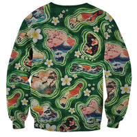 Hawaiian and Japanese Culture Together Sweatshirt Hawaiian Island Shapes with Japanese Landscape Green Color