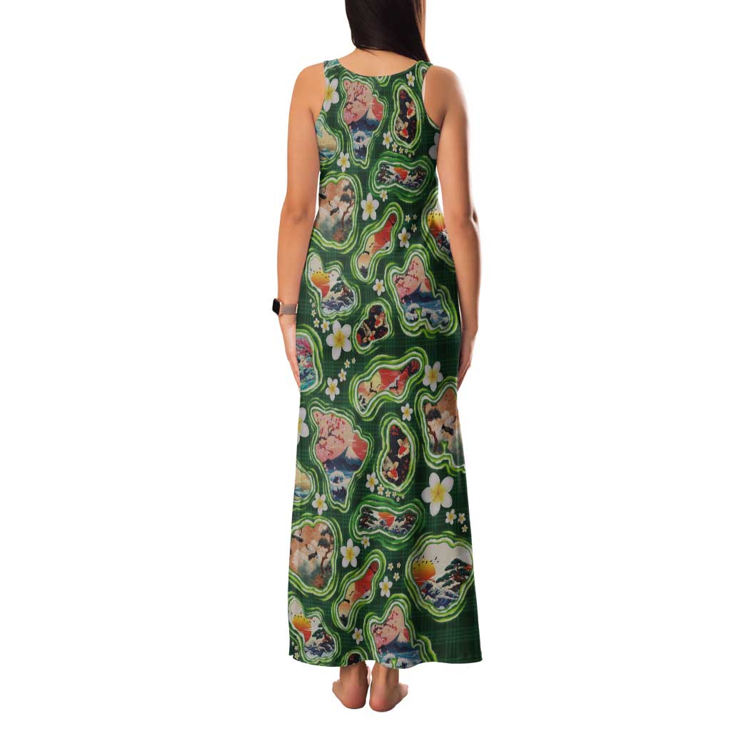 Hawaiian and Japanese Culture Together Tank Maxi Dress Hawaiian Island Shapes with Japanese Landscape Green Color LT03 - Polynesian Pride