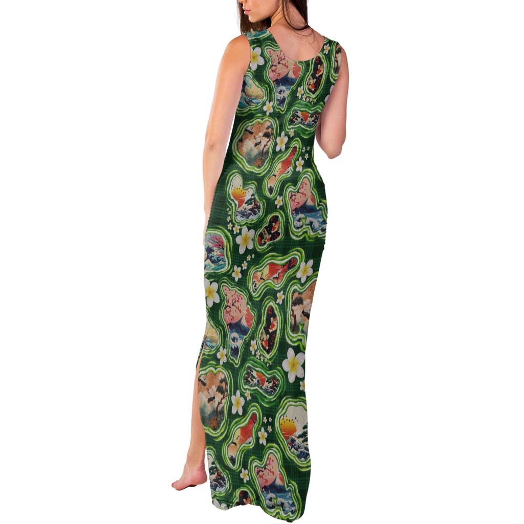 Hawaiian and Japanese Culture Together Tank Maxi Dress Hawaiian Island Shapes with Japanese Landscape Green Color LT03 - Polynesian Pride