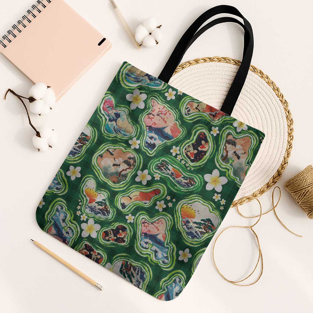 Hawaiian and Japanese Culture Together Tote Bag Hawaiian Island Shapes with Japanese Landscape Green Color