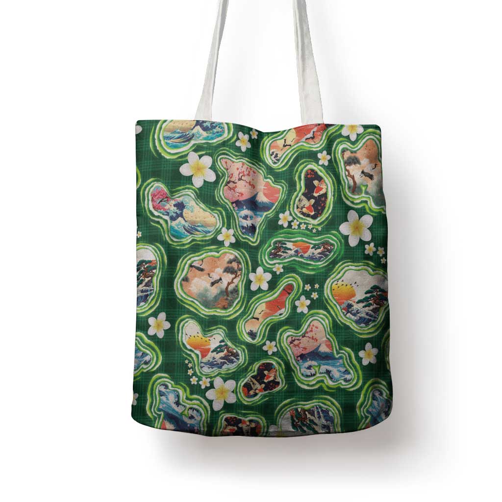 Hawaiian and Japanese Culture Together Tote Bag Hawaiian Island Shapes with Japanese Landscape Green Color
