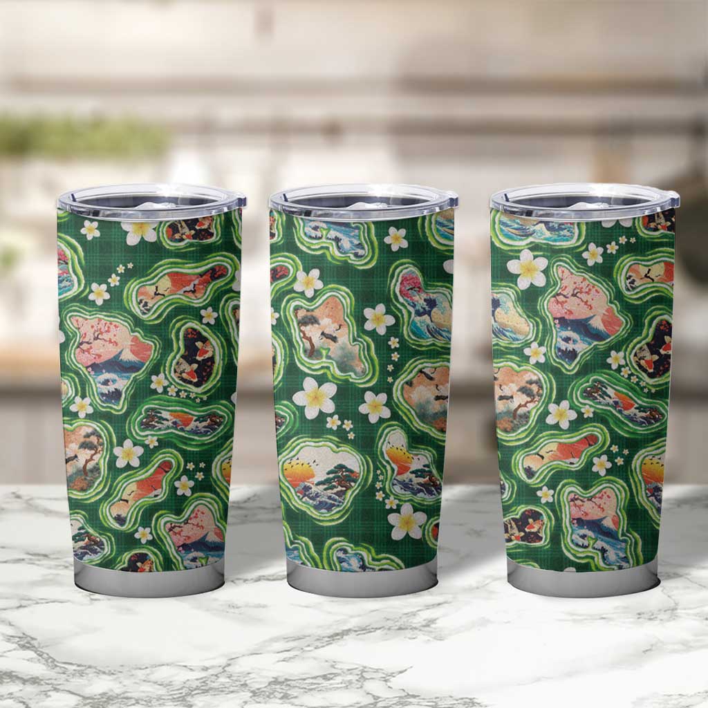Hawaiian and Japanese Culture Together Tumbler Cup Hawaiian Island Shapes with Japanese Landscape Green Color