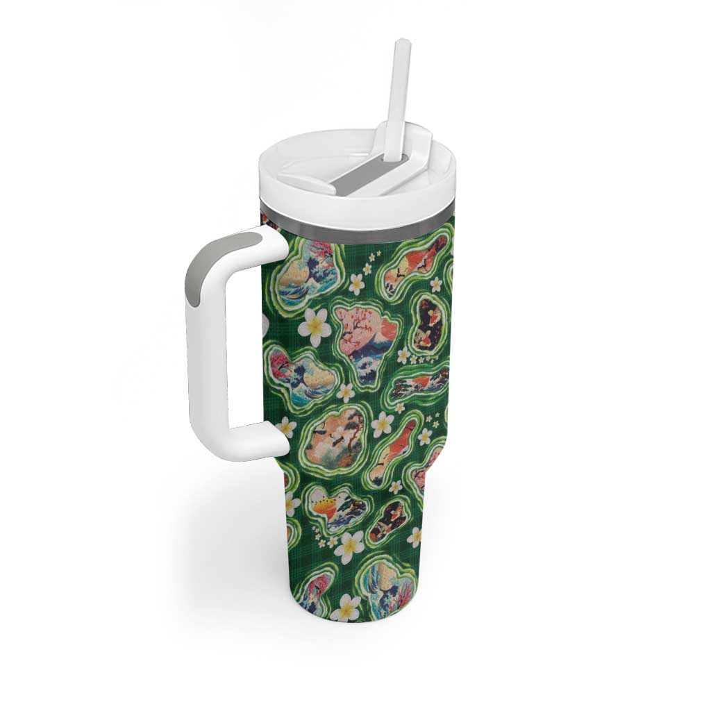 Hawaiian and Japanese Culture Together Tumbler With Handle Hawaiian Island Shapes with Japanese Landscape Green Color