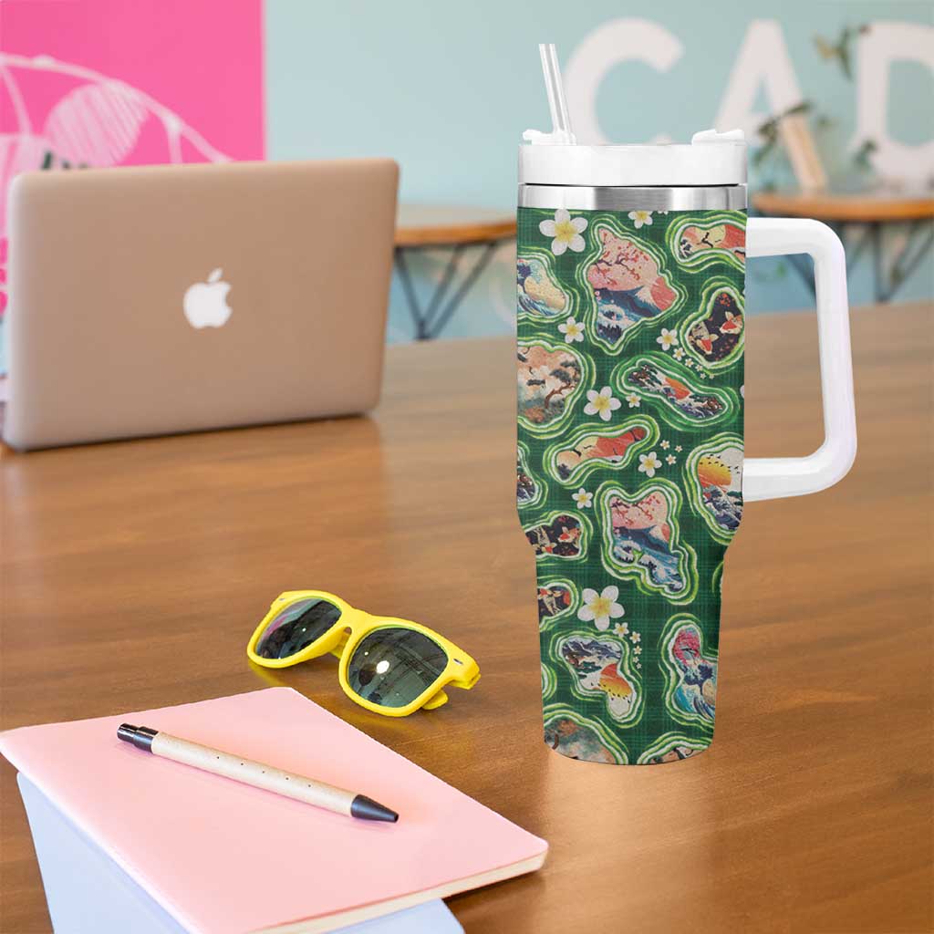 Hawaiian and Japanese Culture Together Tumbler With Handle Hawaiian Island Shapes with Japanese Landscape Green Color