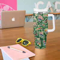 Hawaiian and Japanese Culture Together Tumbler With Handle Hawaiian Island Shapes with Japanese Landscape Green Color