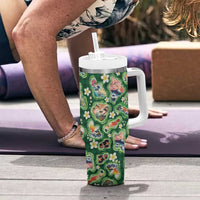 Hawaiian and Japanese Culture Together Tumbler With Handle Hawaiian Island Shapes with Japanese Landscape Green Color