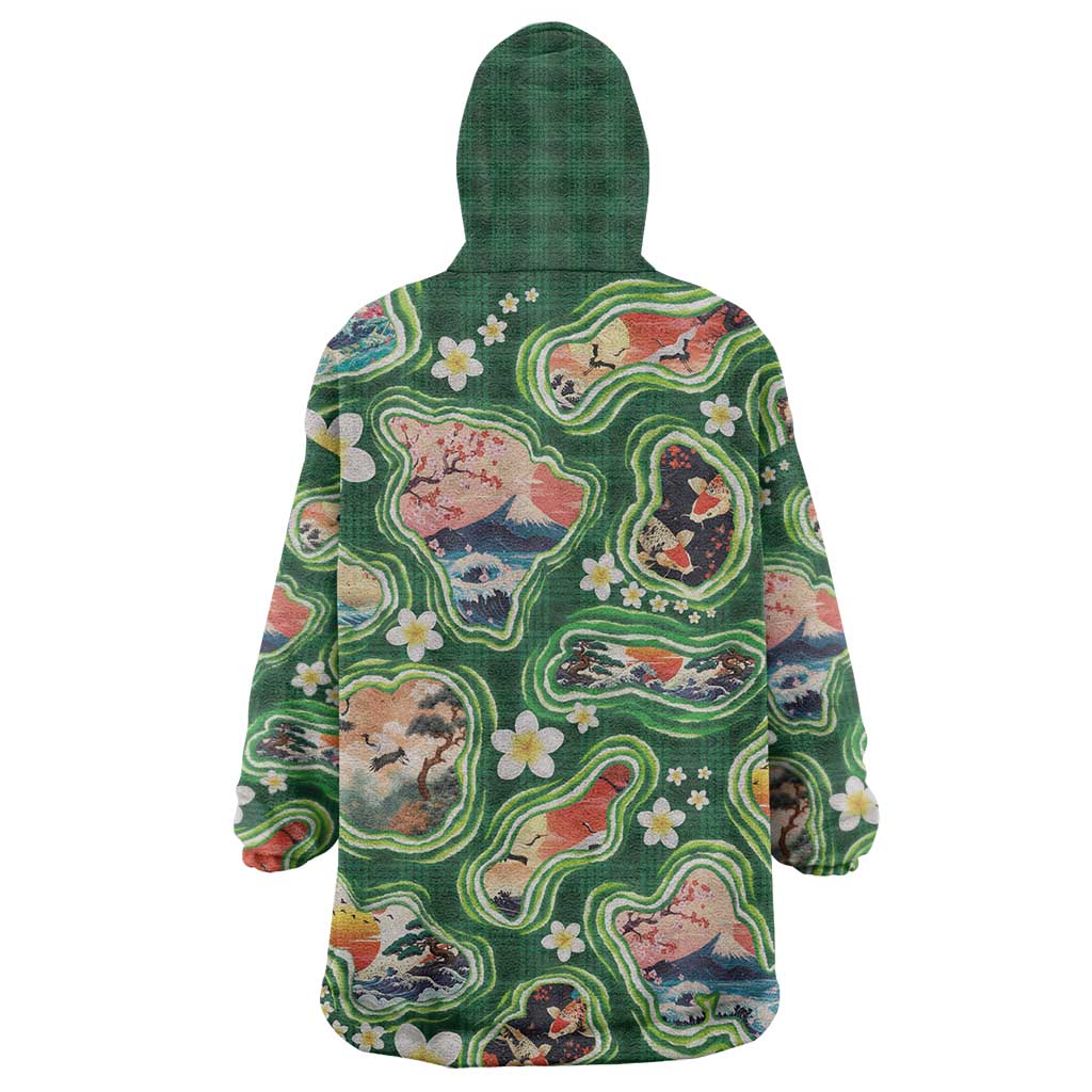 Hawaiian and Japanese Culture Together Wearable Blanket Hoodie Hawaiian Island Shapes with Japanese Landscape Green Color