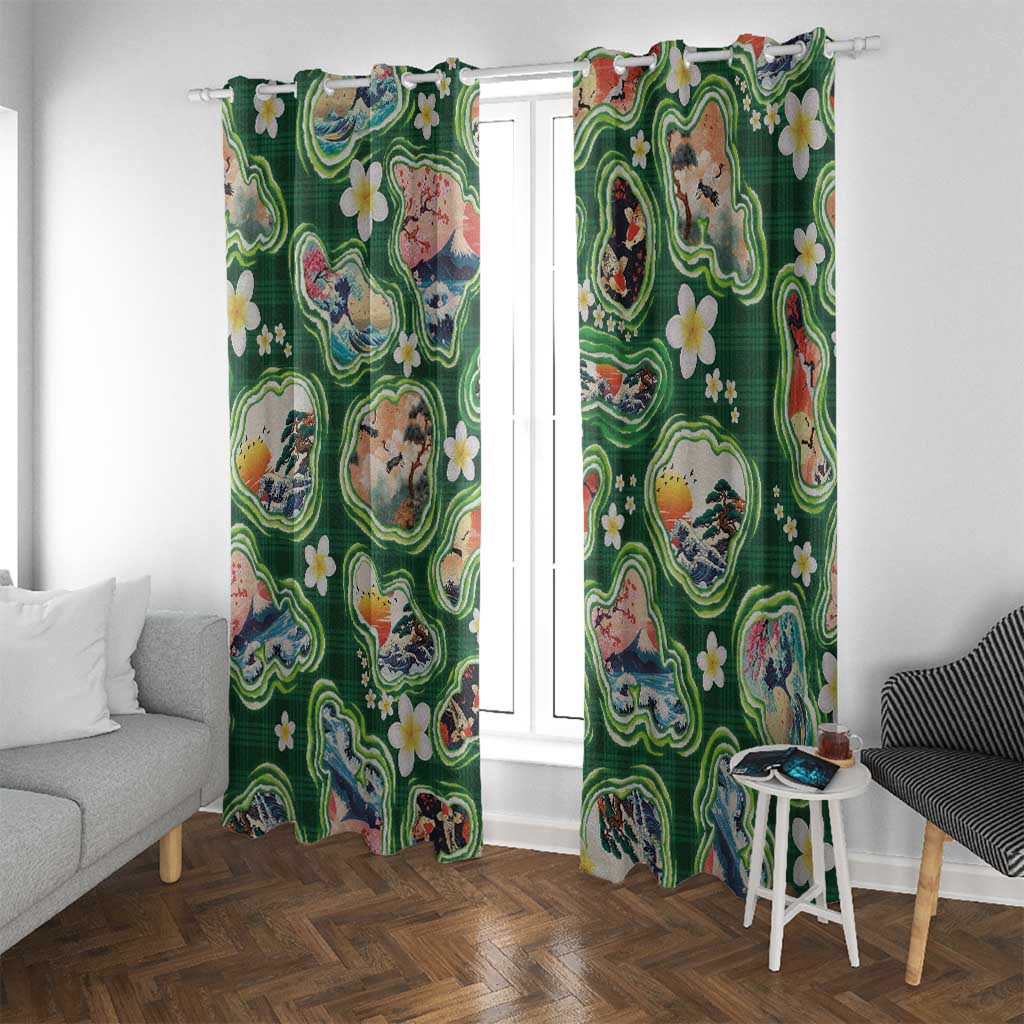 Hawaiian and Japanese Culture Together Window Curtain Hawaiian Island Shapes with Japanese Landscape Green Color