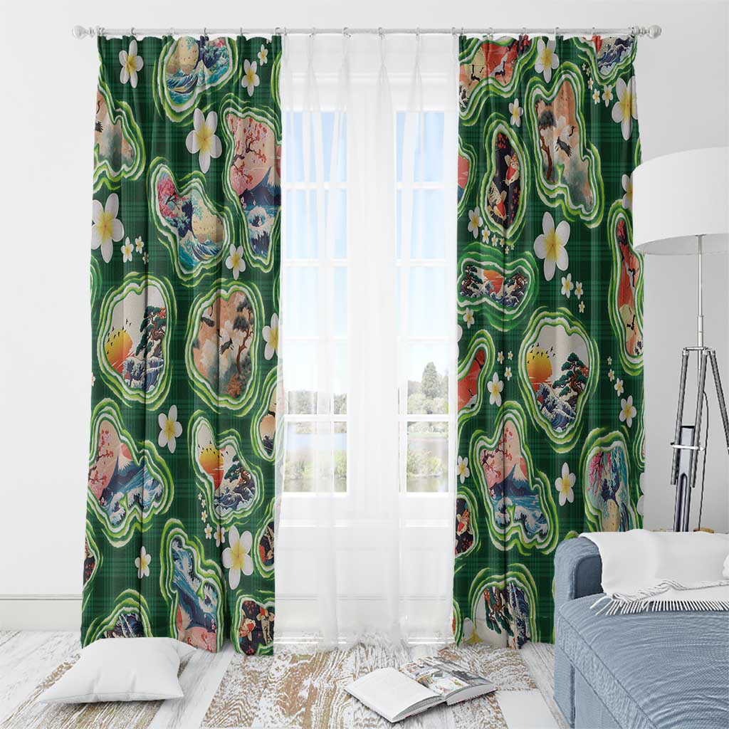 Hawaiian and Japanese Culture Together Window Curtain Hawaiian Island Shapes with Japanese Landscape Green Color
