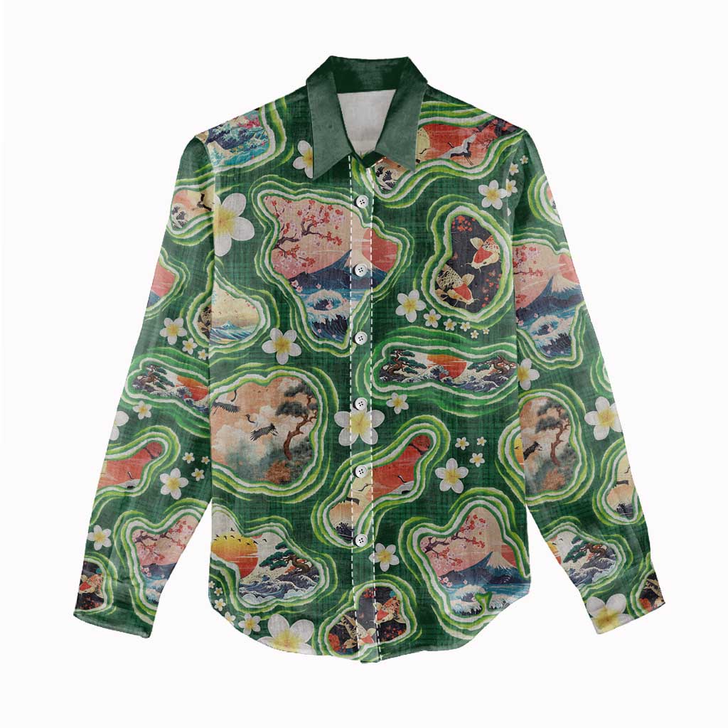 Hawaiian and Japanese Culture Together Women Casual Shirt Hawaiian Island Shapes with Japanese Landscape Green Color