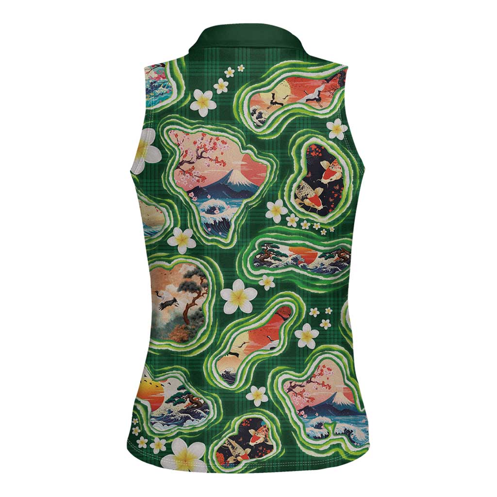 Hawaiian and Japanese Culture Together Women Sleeveless Polo Shirt Hawaiian Island Shapes with Japanese Landscape Green Color