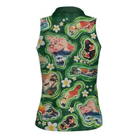 Hawaiian and Japanese Culture Together Women Sleeveless Polo Shirt Hawaiian Island Shapes with Japanese Landscape Green Color