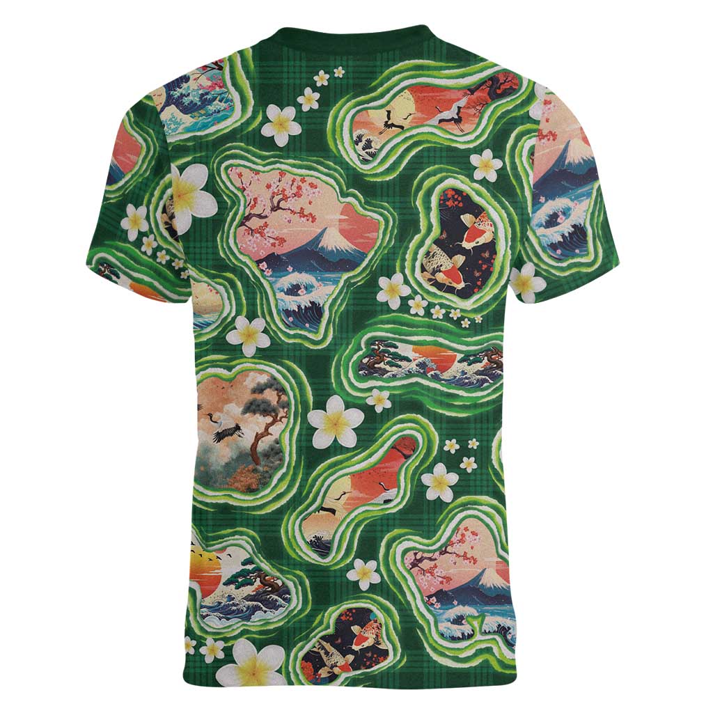 Hawaiian and Japanese Culture Together Women V-Neck T-Shirt Hawaiian Island Shapes with Japanese Landscape Green Color