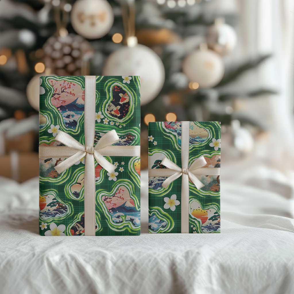 Hawaiian and Japanese Culture Together Wrapping Paper Hawaiian Island Shapes with Japanese Landscape Green Color