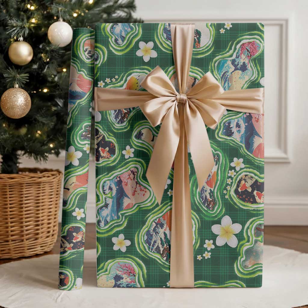 Hawaiian and Japanese Culture Together Wrapping Paper Hawaiian Island Shapes with Japanese Landscape Green Color