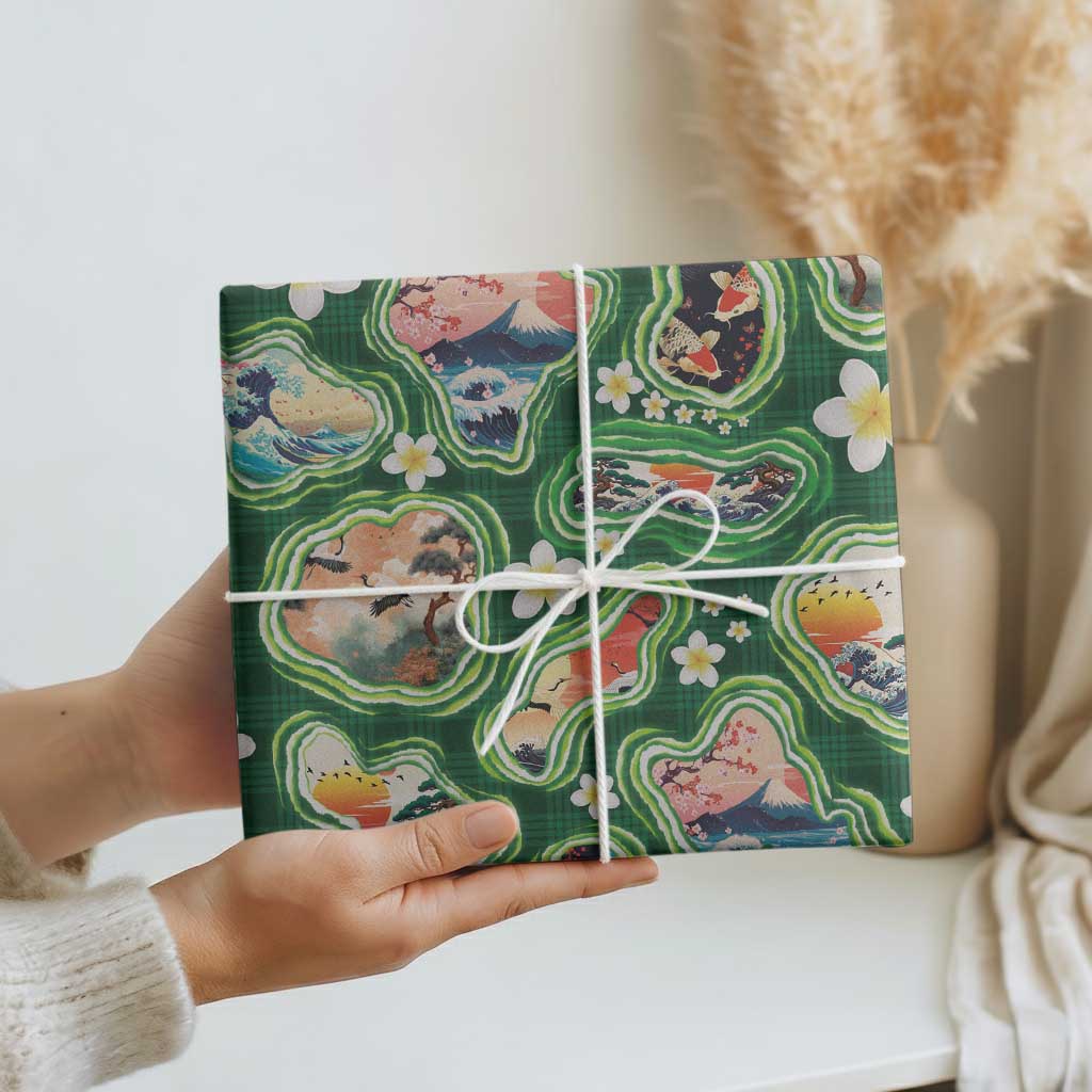 Hawaiian and Japanese Culture Together Wrapping Paper Hawaiian Island Shapes with Japanese Landscape Green Color