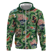 Hawaiian and Japanese Culture Together Zip Hoodie Hawaiian Island Shapes with Japanese Landscape Green Color