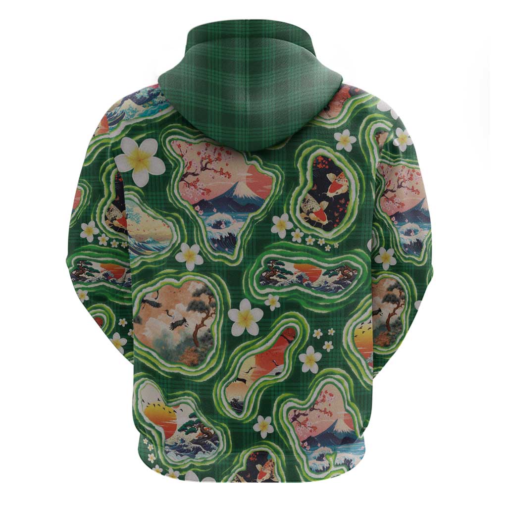 Hawaiian and Japanese Culture Together Zip Hoodie Hawaiian Island Shapes with Japanese Landscape Green Color