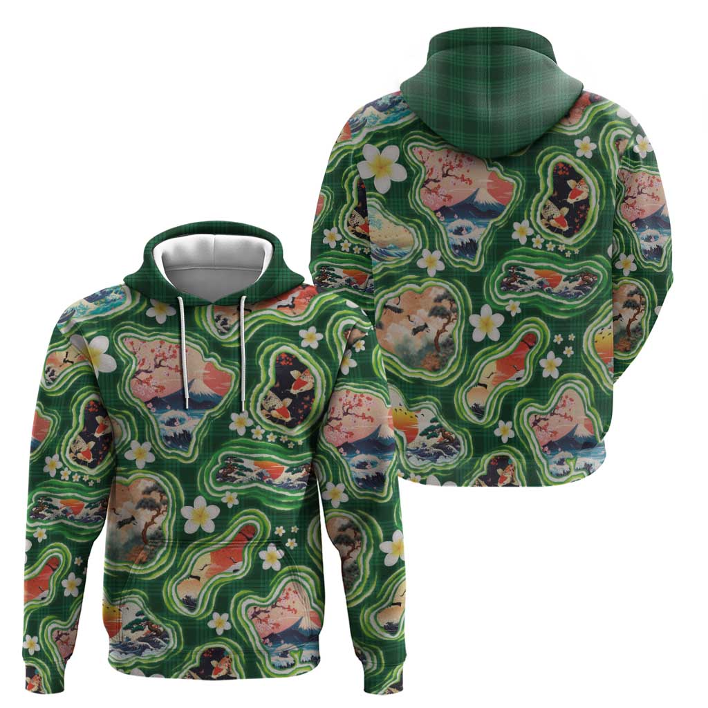 Hawaiian and Japanese Culture Together Zip Hoodie Hawaiian Island Shapes with Japanese Landscape Green Color