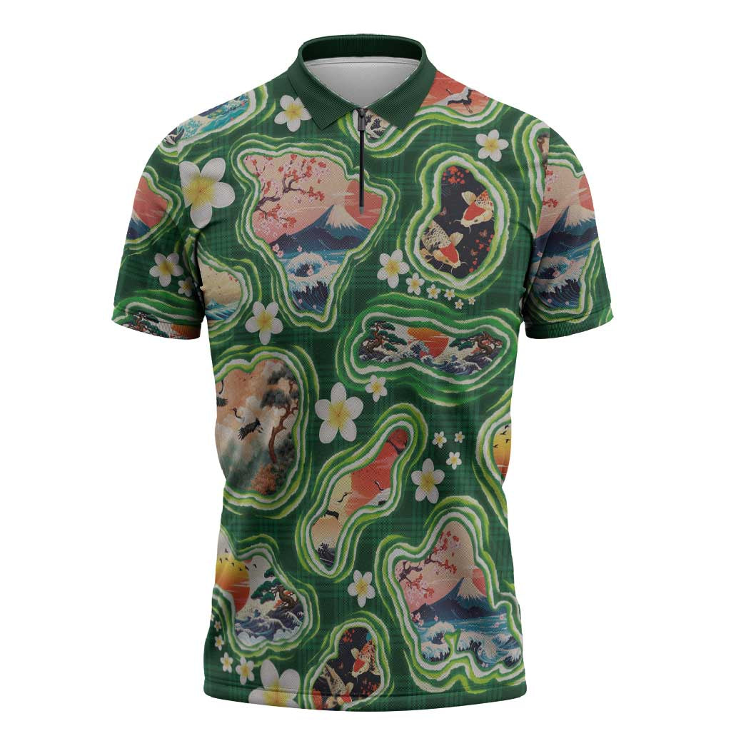 Hawaiian and Japanese Culture Together Zipper Polo Shirt Hawaiian Island Shapes with Japanese Landscape Green Color LT03 Green - Polynesian Pride