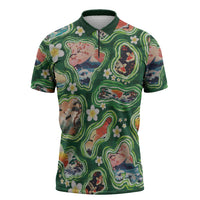 Hawaiian and Japanese Culture Together Zipper Polo Shirt Hawaiian Island Shapes with Japanese Landscape Green Color LT03 Green - Polynesian Pride