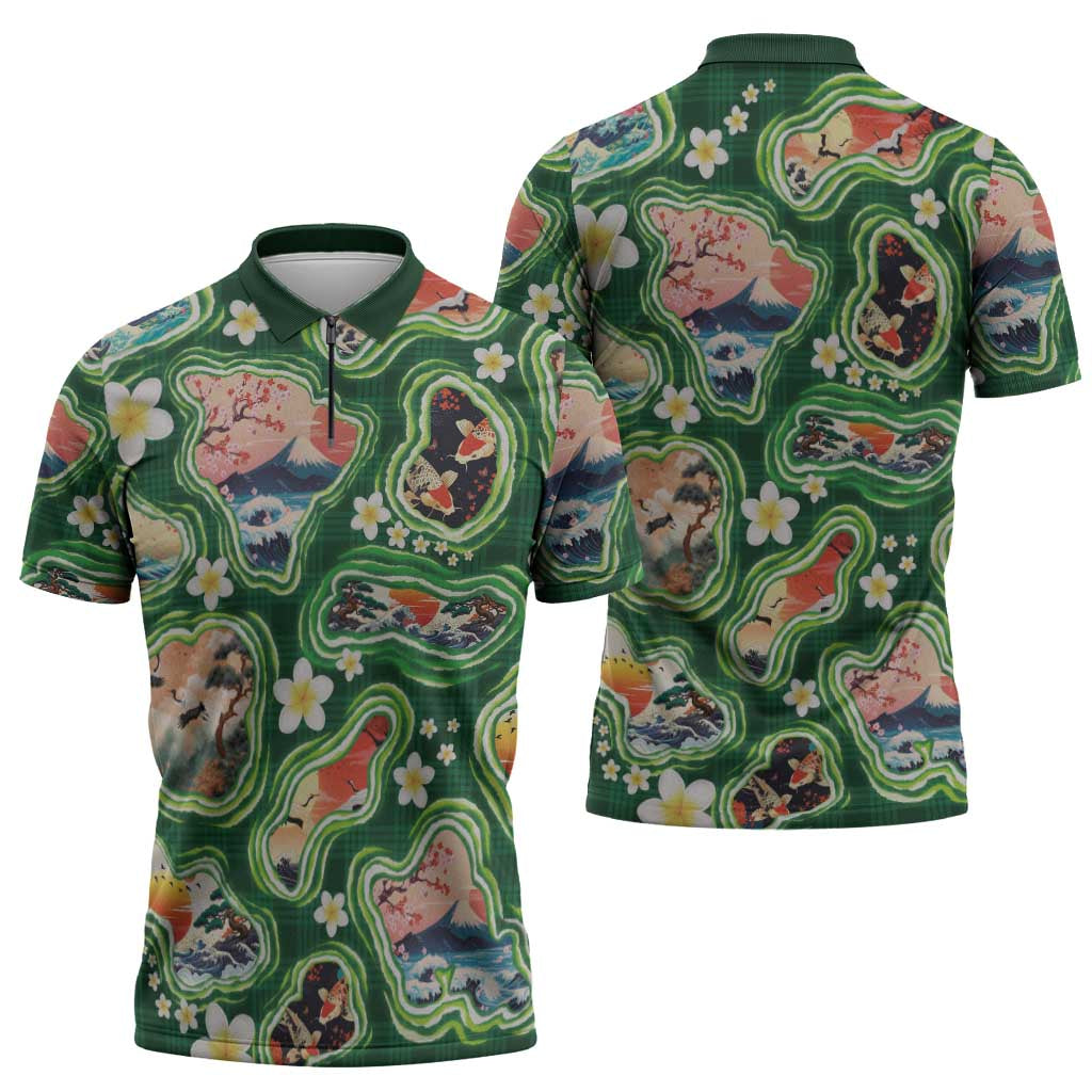 Hawaiian and Japanese Culture Together Zipper Polo Shirt Hawaiian Island Shapes with Japanese Landscape Green Color LT03 - Polynesian Pride