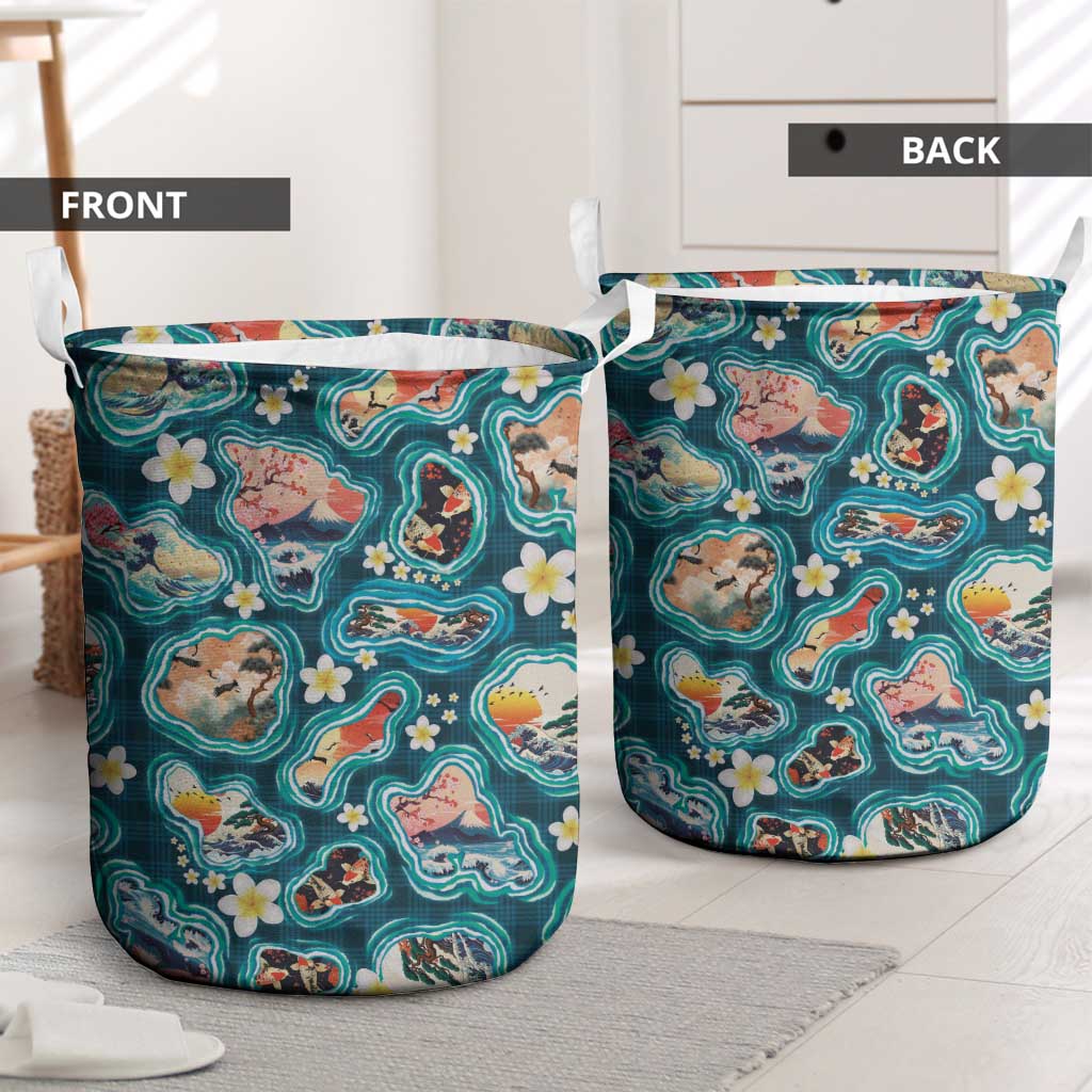 Hawaiian and Japanese Culture Together Laundry Basket Hawaiian Island Shapes with Japanese Landscape Teal Color