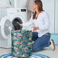 Hawaiian and Japanese Culture Together Laundry Basket Hawaiian Island Shapes with Japanese Landscape Teal Color