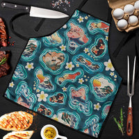 Hawaiian and Japanese Culture Together Apron Hawaiian Island Shapes with Japanese Landscape Teal Color