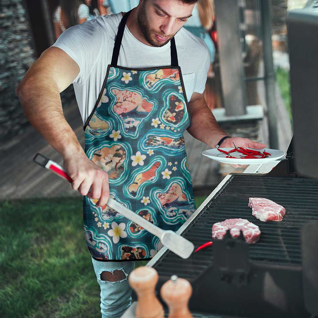 Hawaiian and Japanese Culture Together Apron Hawaiian Island Shapes with Japanese Landscape Teal Color