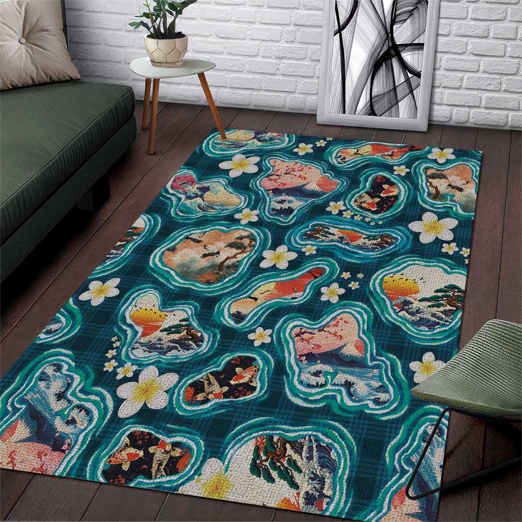 Hawaiian and Japanese Culture Together Area Rug Hawaiian Island Shapes with Japanese Landscape Teal Color