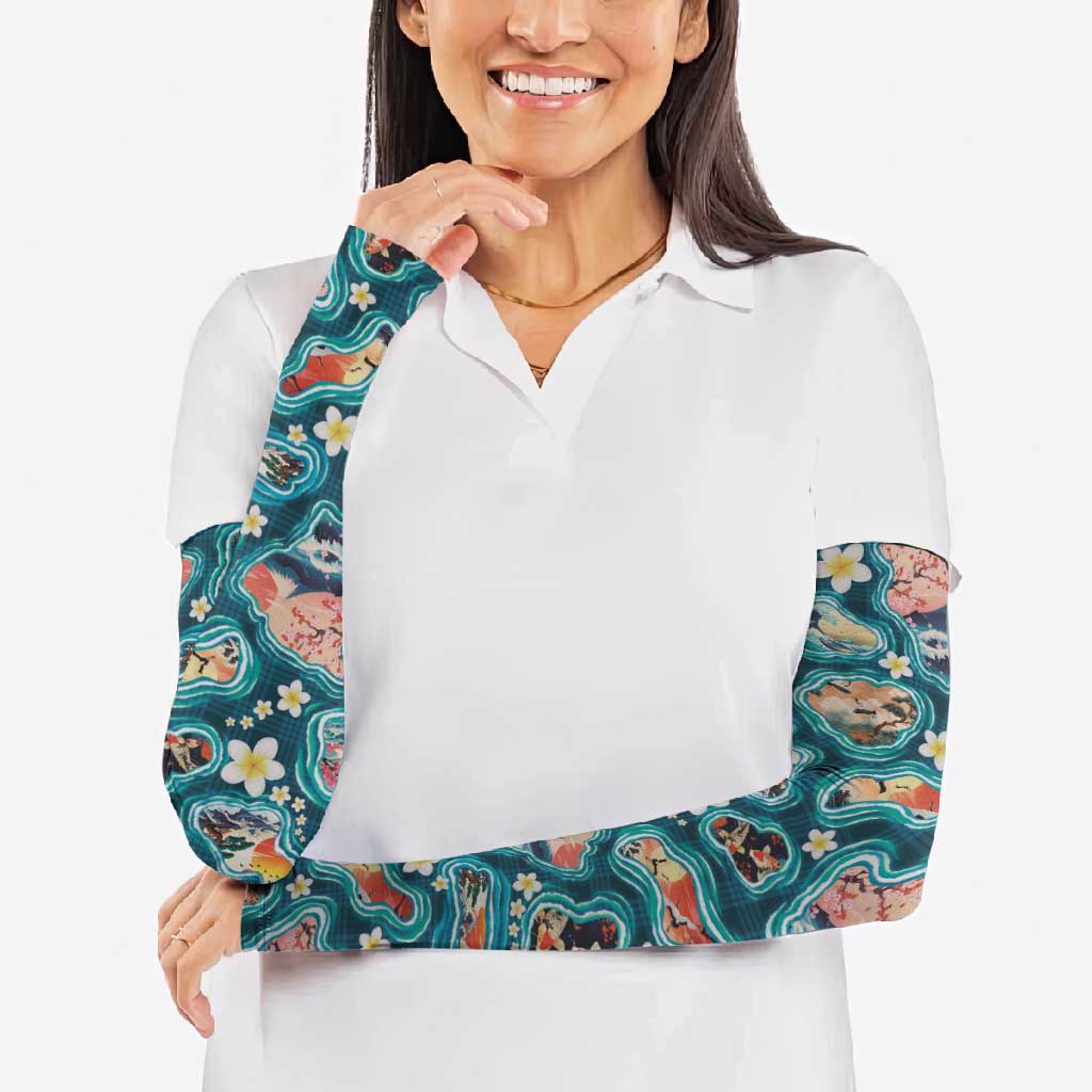 Hawaiian and Japanese Culture Together Arm Sleeves Hawaiian Island Shapes with Japanese Landscape Teal Color