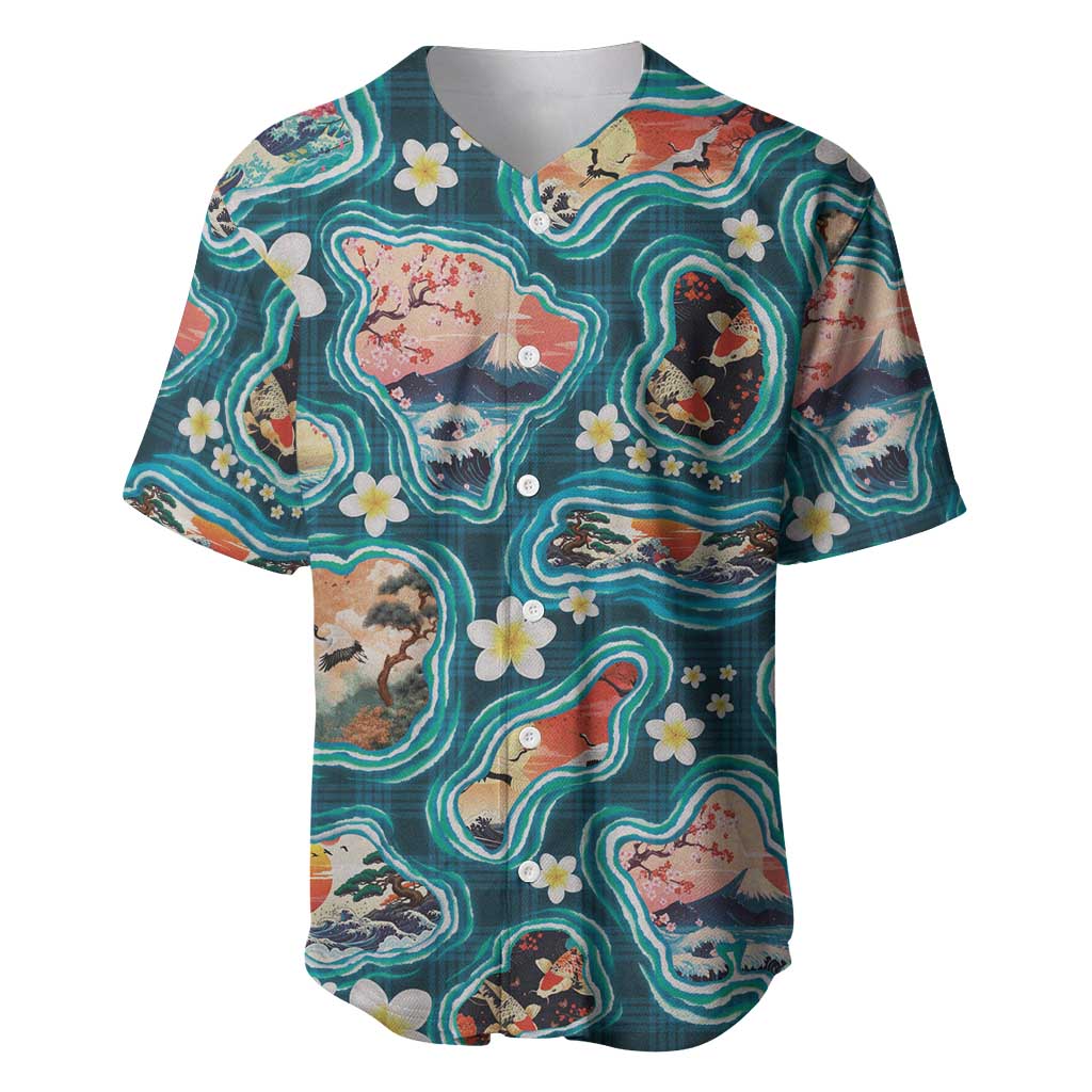 Hawaiian and Japanese Culture Together Baseball Jersey Hawaiian Island Shapes with Japanese Landscape Teal Color