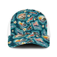 Hawaiian and Japanese Culture Together Baseball Net Cap Hawaiian Island Shapes with Japanese Landscape Teal Color